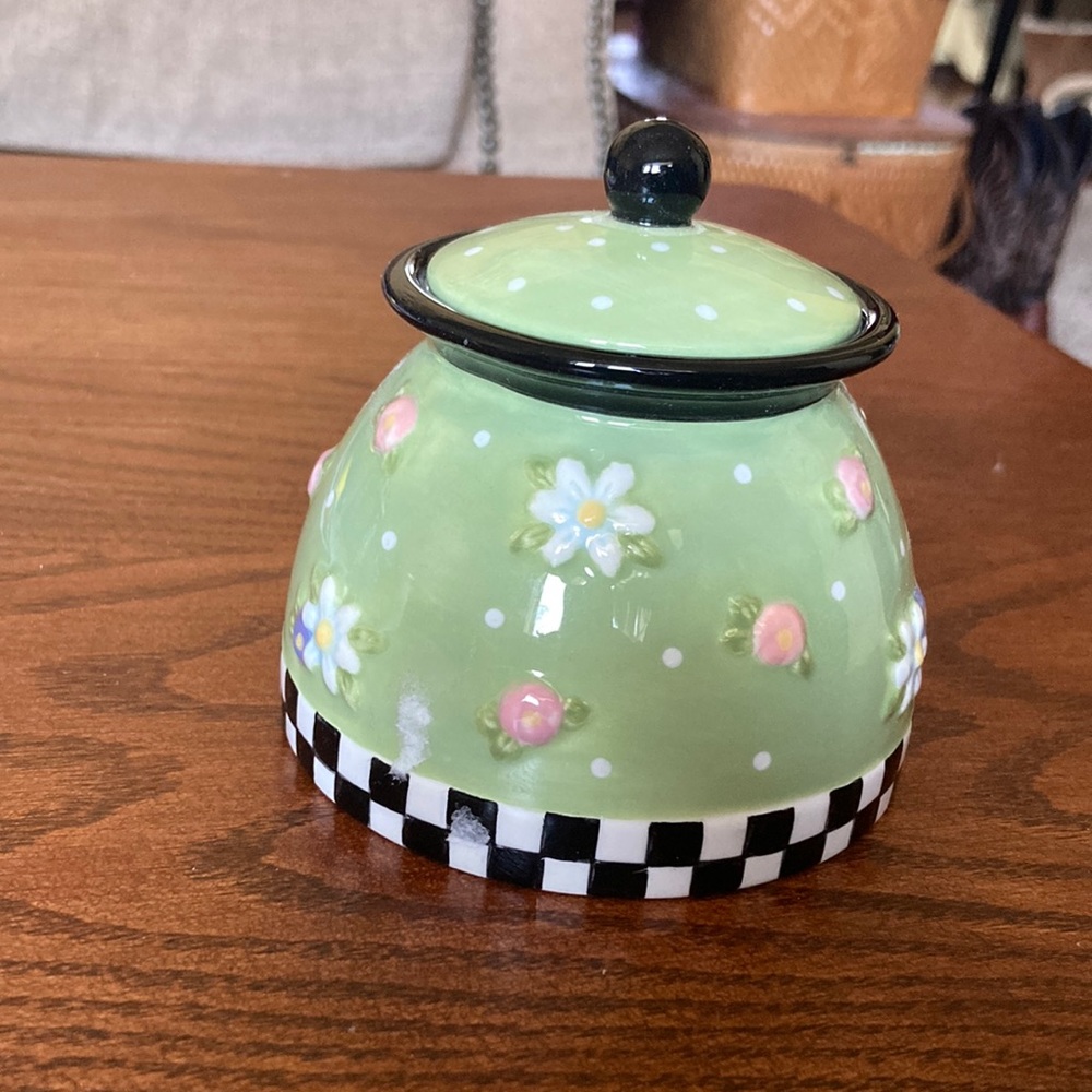 Perfect condition ceramic Mary Engelbreit covered jar